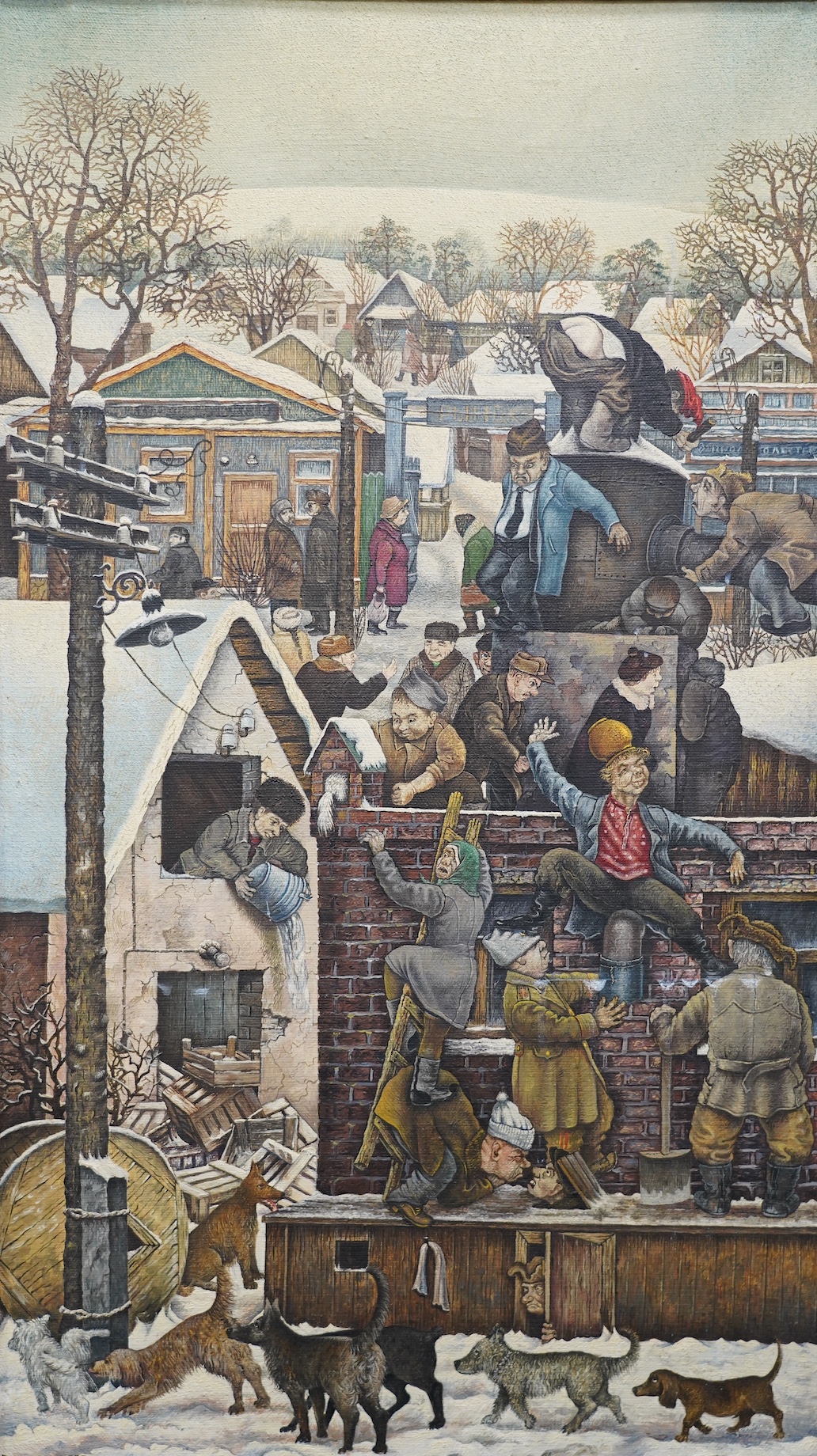 Juliy Anatolevic Vedernikov, (Russian, b.1943), oil on canvas, 'Dog Wedding', signed and dated 1979, inscribed verso, 79 x 45cm